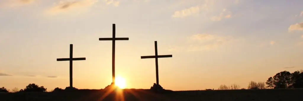Image of three crosses at sunrise used in the Easter devotional by Debbra Stephens.