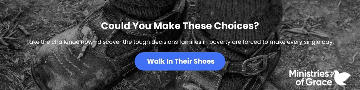 Image of a kid's shoes that are worn out used in the Walk In Their Shoes CTA. Walk in their shoes is an interactive quiz that is used to raise awareness about poverty in Georgia.