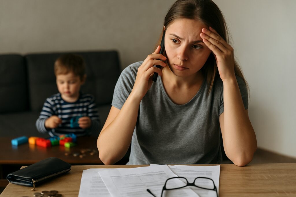 Image of a mom going over her bills and stressed out on the phone while her son plays in the background. It represents how monthly giving or recurring giving can help families experiencing a financial crisis in the GA. 