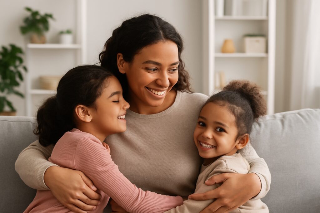 A mom and two daughters hugging and smiling representing how Ministries of Grace helps Escaping domestic violence with children takes more than courage. Discover how Ministries of Grace provides practical, wholistic support—and how you can help.