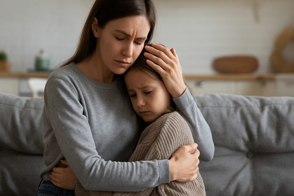 Image of a mom hugging her daughter representing how you can help domestic violence survivors with kids.