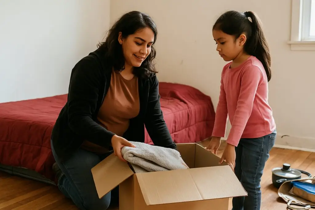 Image of a mom and daughter unpacking a box representing how starting over after domestic violence is never easy.