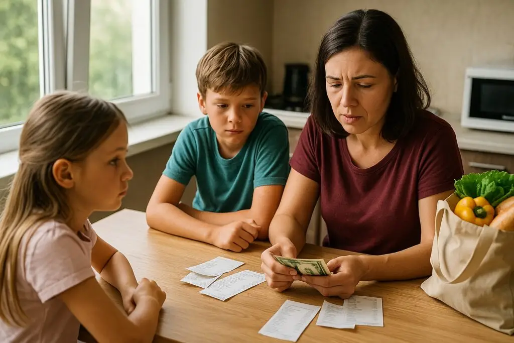 Image of a mom counting cash at a table and budgeting. It represents the Ministries of Grace article about How Low-Income Families Survive Summer.