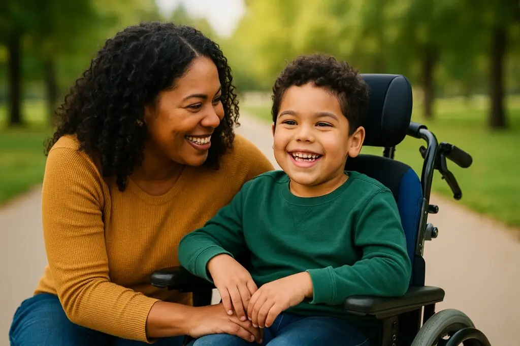 Image of a young boy in a mobility wheelchair smiling with his mom representing Medical Hardships Are Even Harder When a Child Has Special Needs