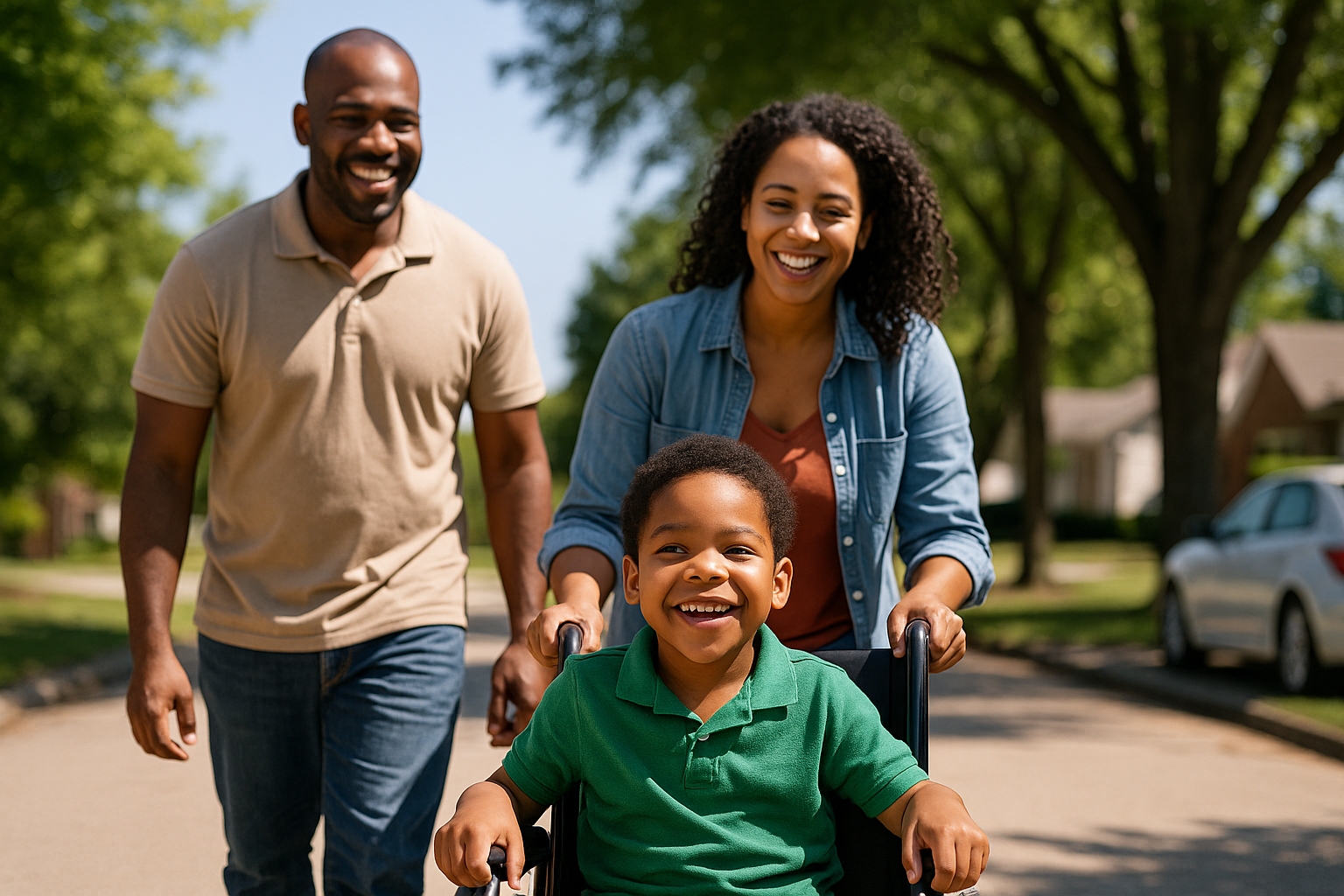 Image of a family with their son in a wheelchair all smiling. It represents Medical Hardships and the Transportation Barrier.