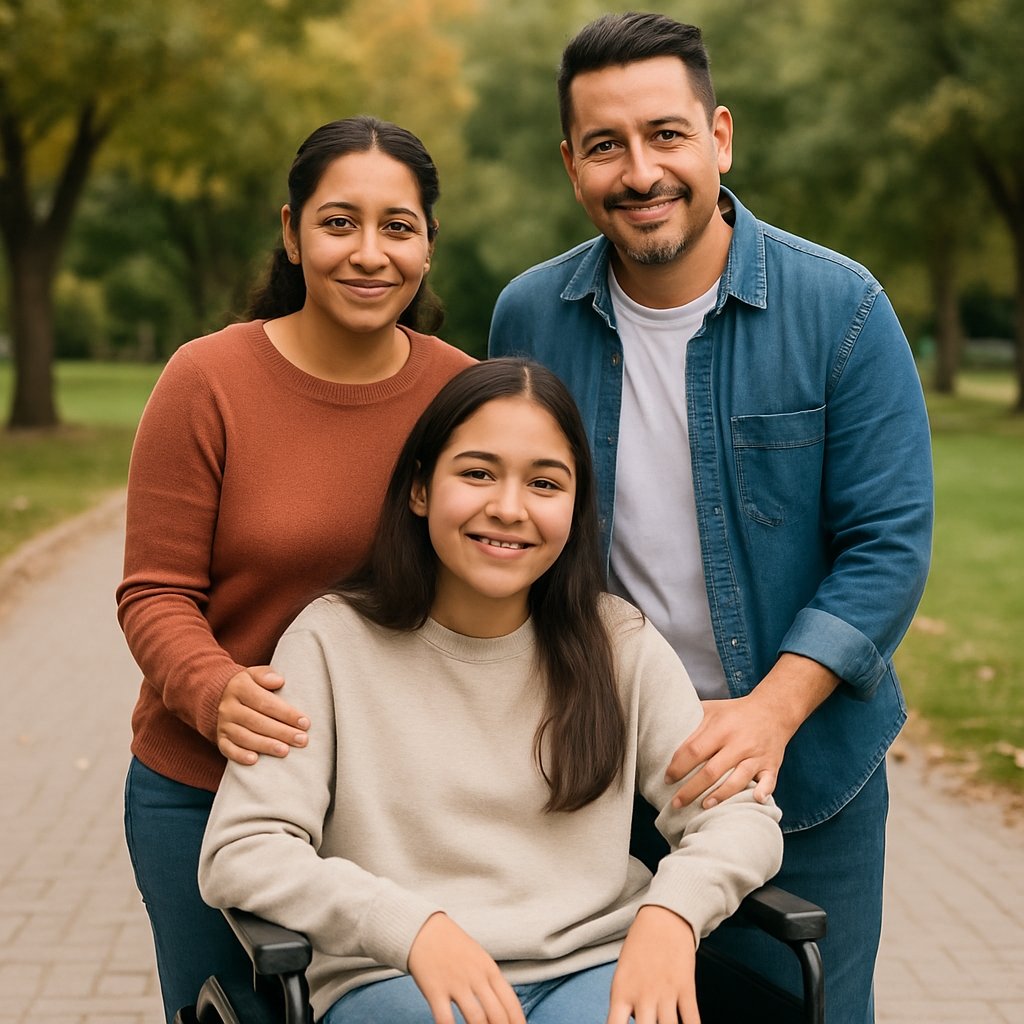 image of a family with a daughter in a wheel chair representing Medical Hardships and the Transportation Barrier.