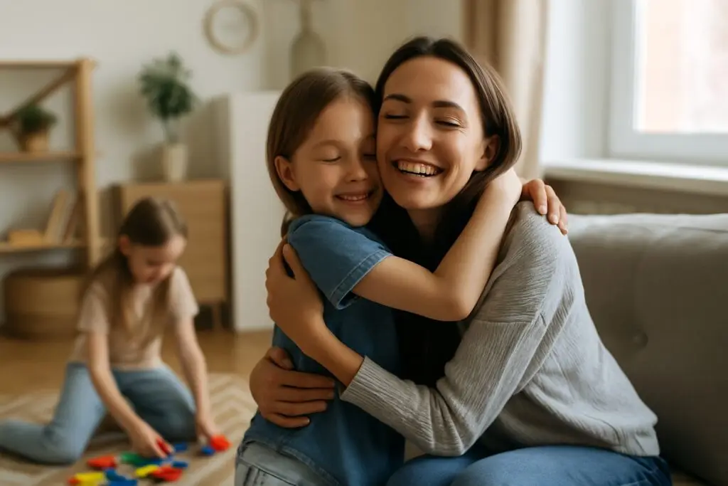 image of a mom hugging one daughter while her other daughter plays in the background representing Ministries of Grace article about Mental Health Support For Families.