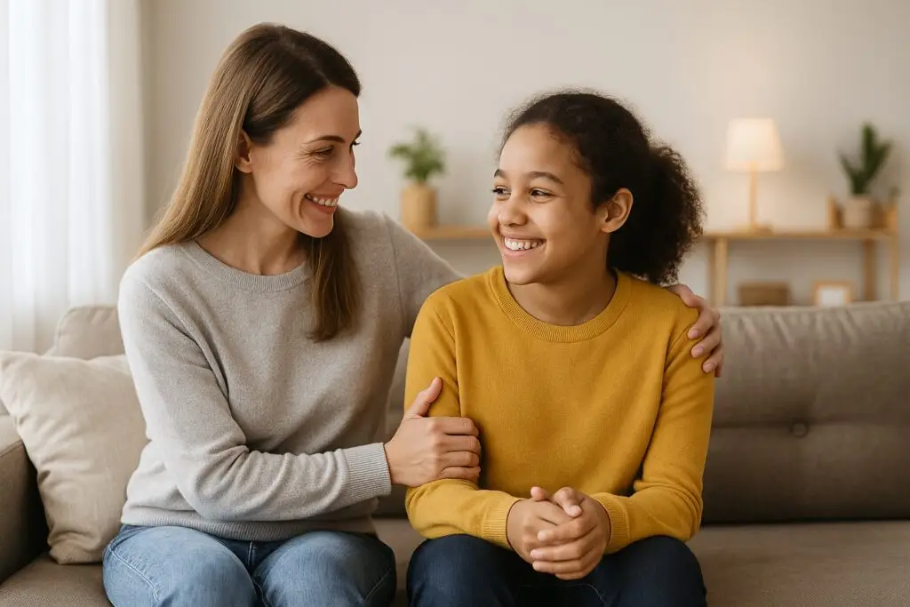 Image of two women on a couch representing Monthly Donations for Domestic Violence Survivors.