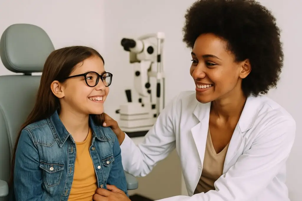 Image of a young girl in glasses getting her eyes checked by a doctor representing Overlooked Medical Needs: Dental and Vision Care.