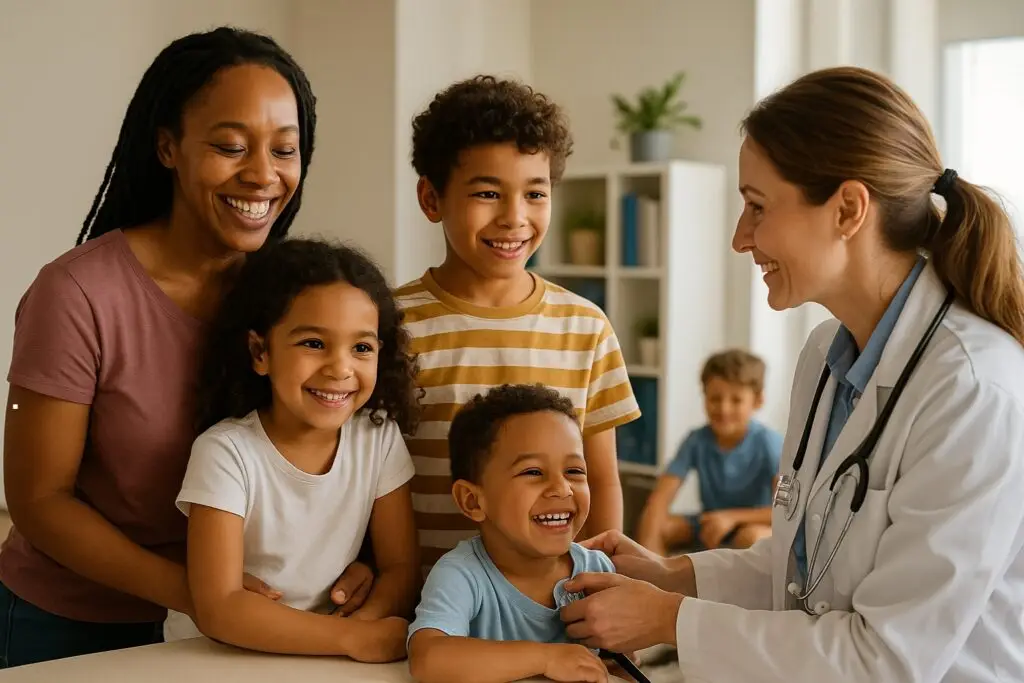 Image of a family seeing a pediatrician representing the summer healthcare gap that many families in Georgia face when school is out for the summer.
