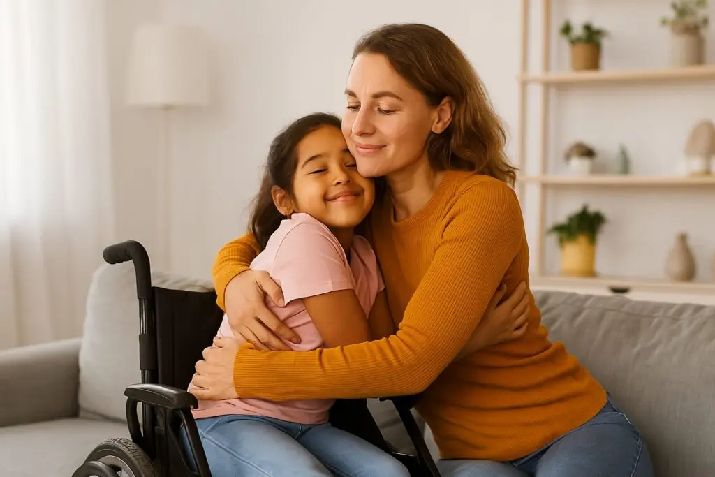 Image of a mom hugging her daughter in the wheelchair representing The Guilt That Comes With Medical Hardships You Can’t Control.