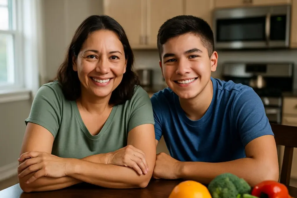 Image of a mom and son with some vegetables to represent The Hidden Link Between Food Insecurity and Medical Issues.