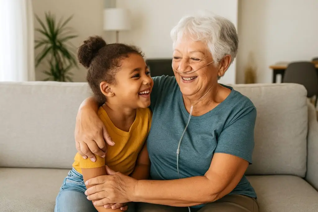 Image of a grandma wearing oxygen hugging her granddaughter representing The Unique Medical Burdens of Grandparents Raising Children.
