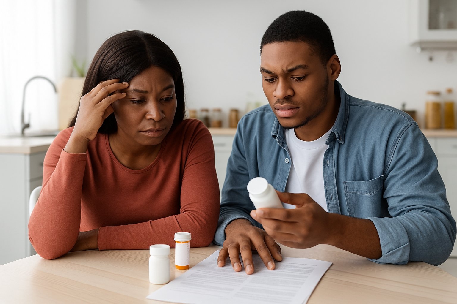 Image of two people looking at medicine and struggling because they cannot afford it, leading them to have a financial hardship. It represents the article about Medication Costs and Financial Hardship.