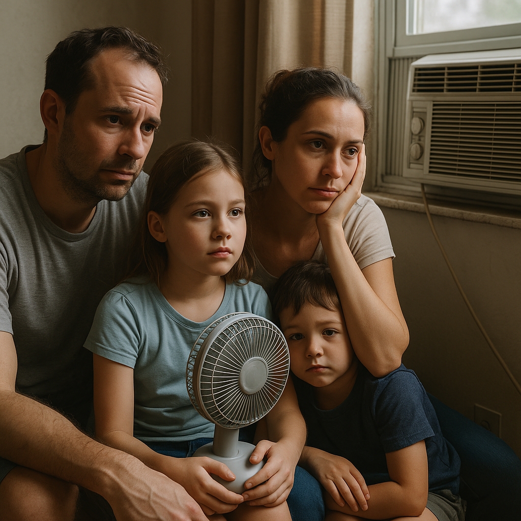 image of a family sitting in their apartment hot because their ac is broken. It represents When the Heat Becomes Dangerous: Help Families Stay Cool and Safe This Summer.