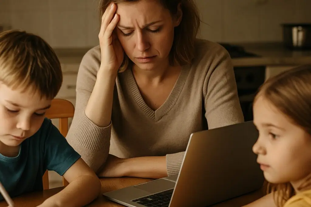 image of a mom stressed because summer childcare costs cripple struggling families.