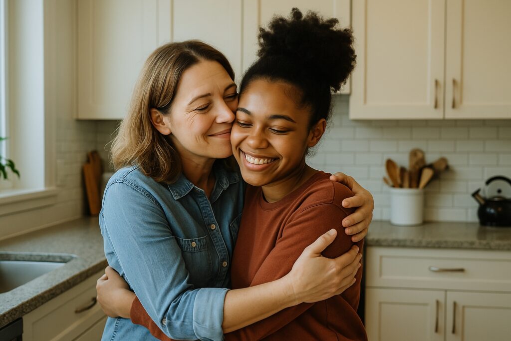 Image of two women hugging in a new apartment representing what domestic violence victims need after leaving abuse.