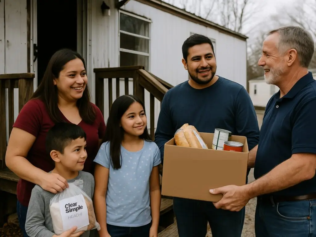 An image of a family receiving a hygiene kit and food box from Grace Cares at Ministries of Grace.
