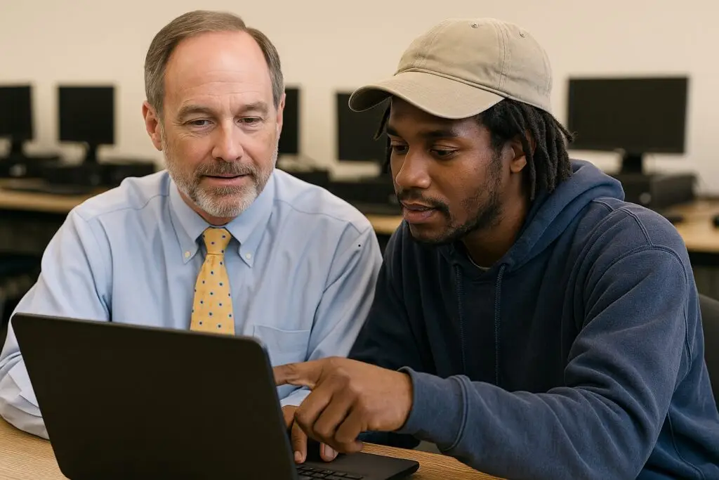 Man training a young man representing Church Community Service Opportunities Near You: Where to Start.